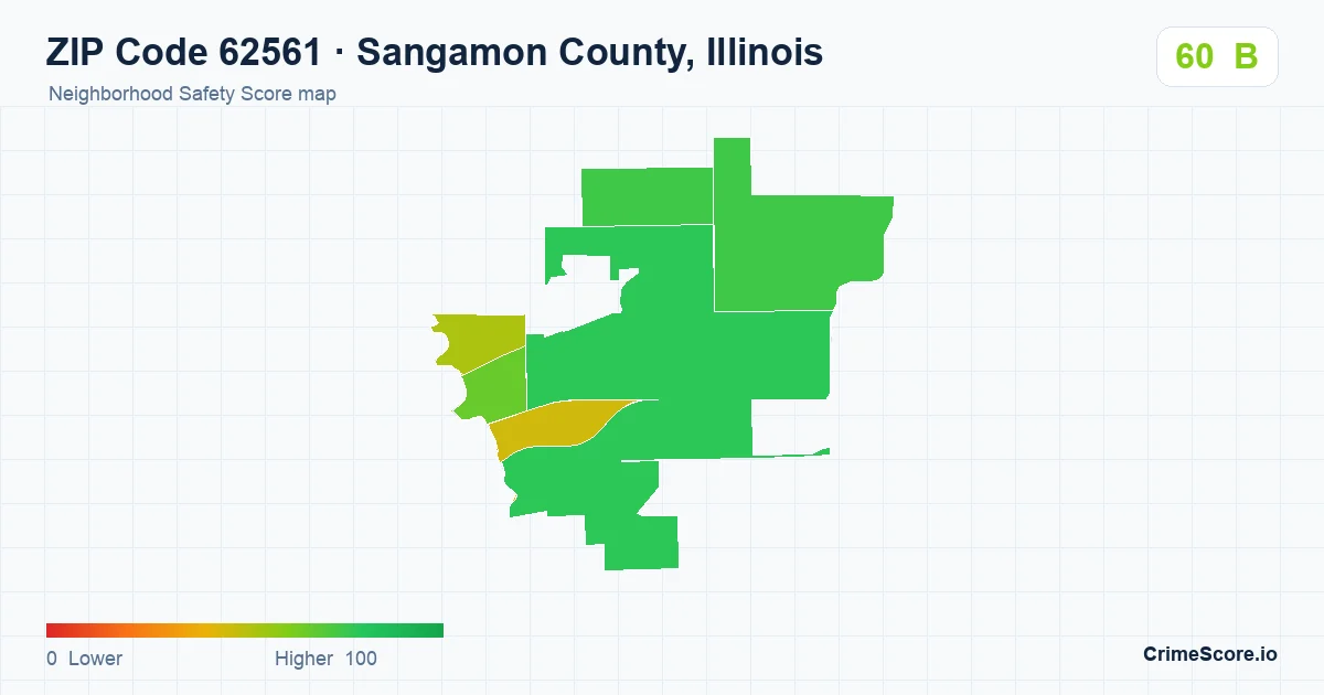ZIP Code 62561 in Sangamon County, Illinois neighborhood Safety Score map