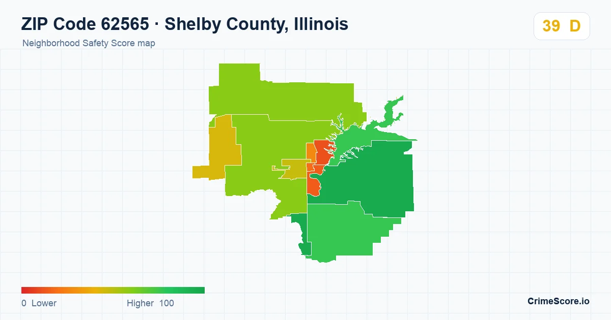 ZIP Code 62565 in Shelby County, Illinois neighborhood Safety Score map