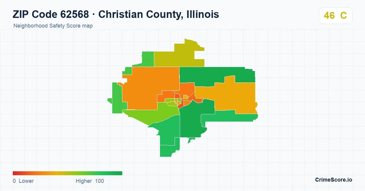 ZIP Code 62568 in Christian County, Illinois neighborhood Safety Score map