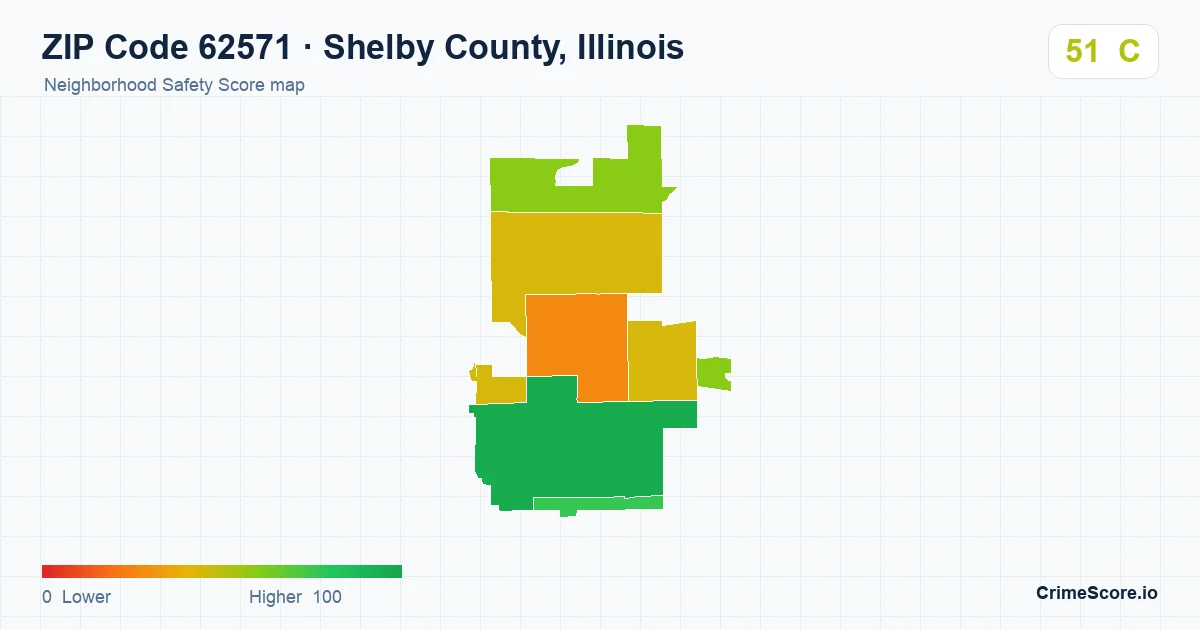 ZIP Code 62571 in Shelby County, Illinois neighborhood Safety Score map