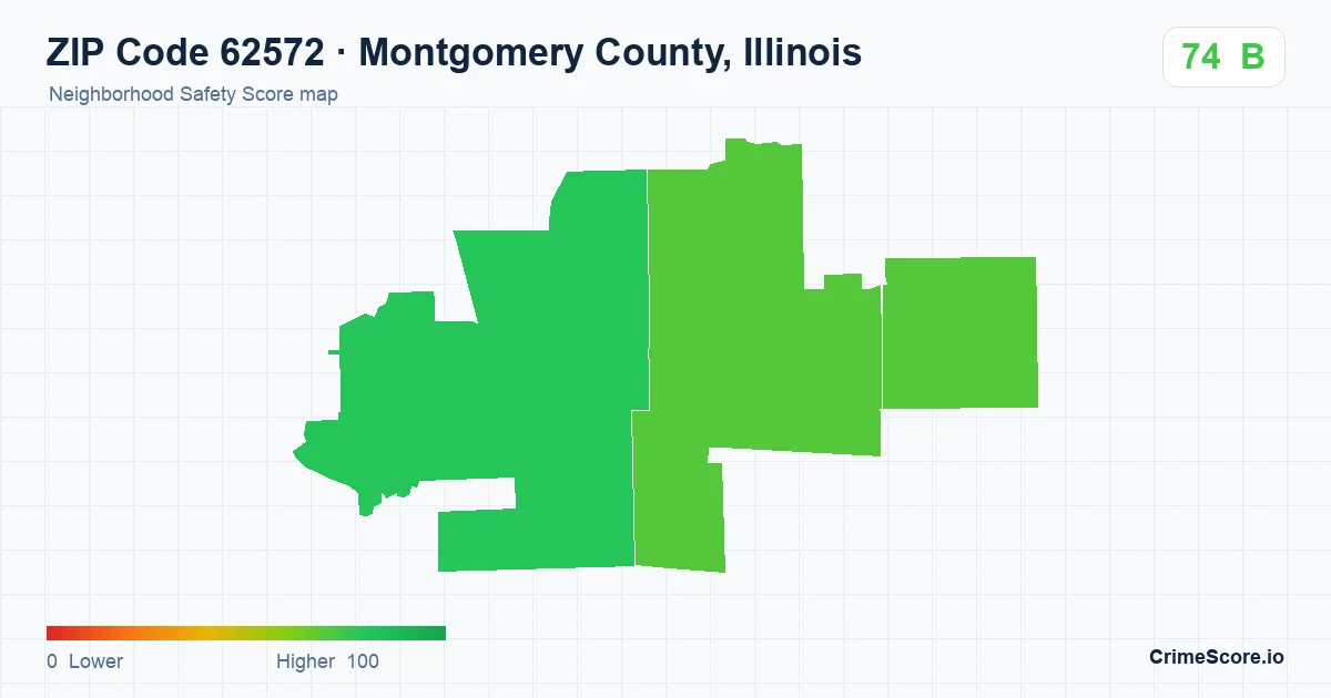 ZIP Code 62572 in Montgomery County, Illinois neighborhood Safety Score map