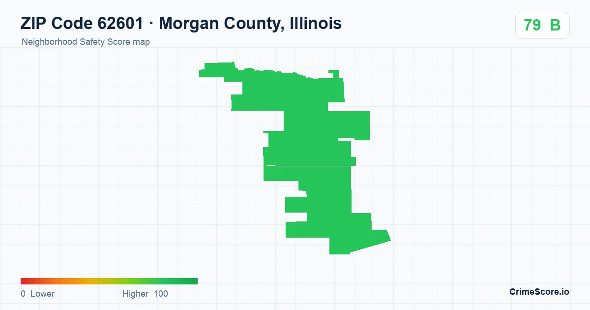 ZIP Code 62601 in Morgan County, Illinois neighborhood Safety Score map