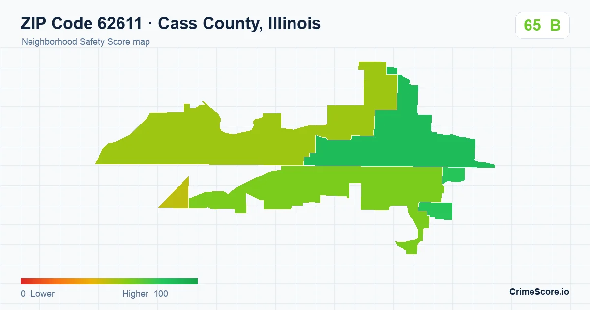 ZIP Code 62611 in Cass County, Illinois neighborhood Safety Score map