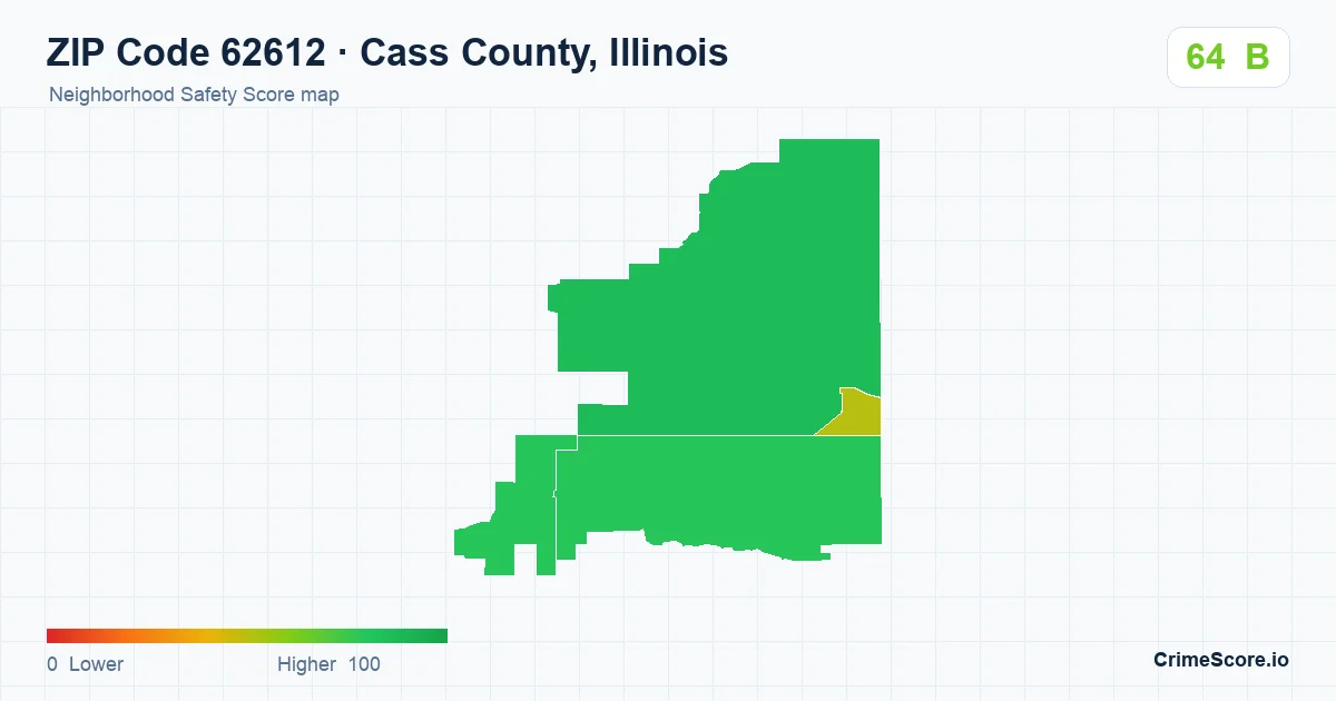 ZIP Code 62612 in Cass County, Illinois neighborhood Safety Score map