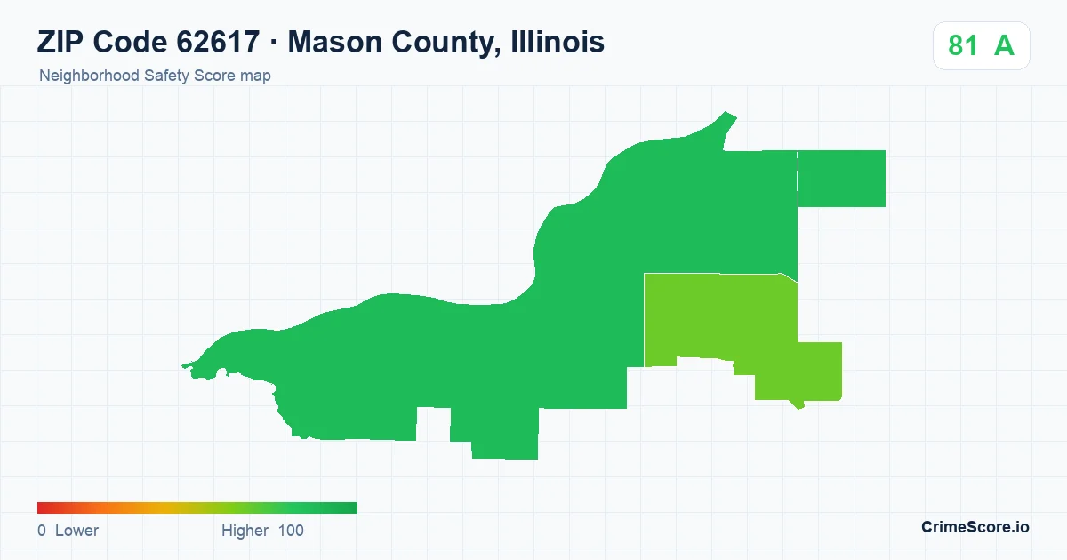 ZIP Code 62617 in Mason County, Illinois neighborhood Safety Score map