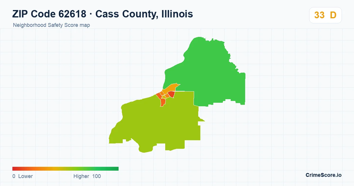 ZIP Code 62618 in Cass County, Illinois neighborhood Safety Score map