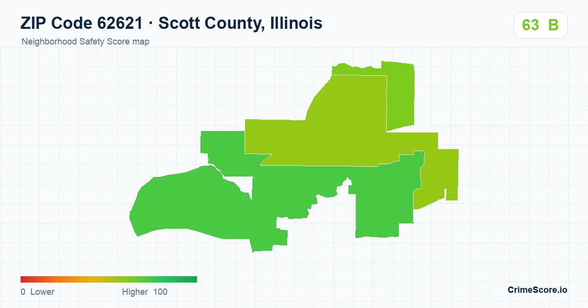 ZIP Code 62621 in Scott County, Illinois neighborhood Safety Score map