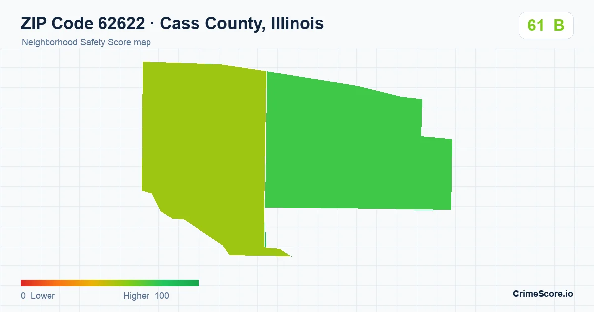 ZIP Code 62622 in Cass County, Illinois neighborhood Safety Score map