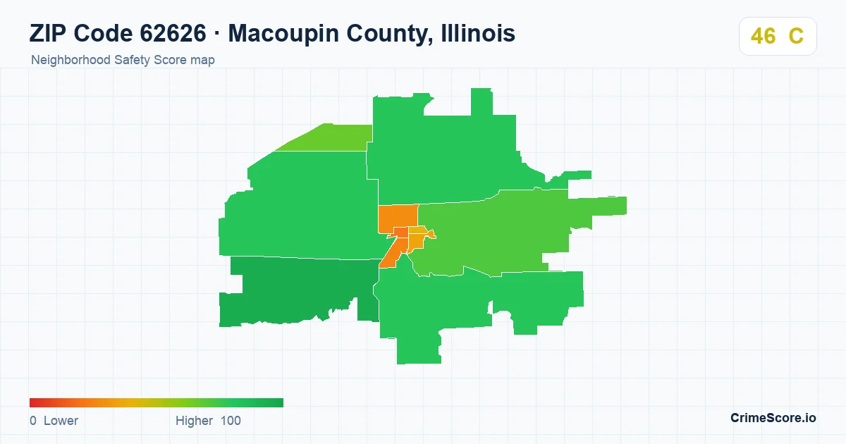 ZIP Code 62626 in Macoupin County, Illinois neighborhood Safety Score map