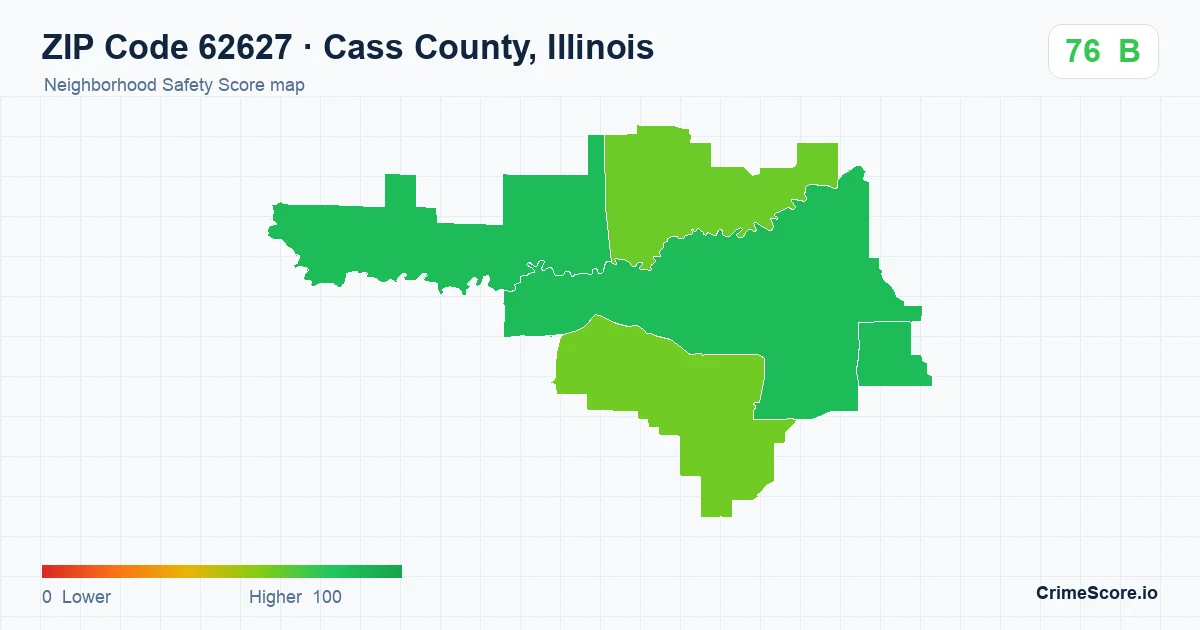 ZIP Code 62627 in Cass County, Illinois neighborhood Safety Score map