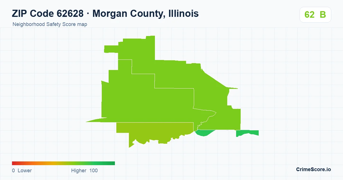 ZIP Code 62628 in Morgan County, Illinois neighborhood Safety Score map