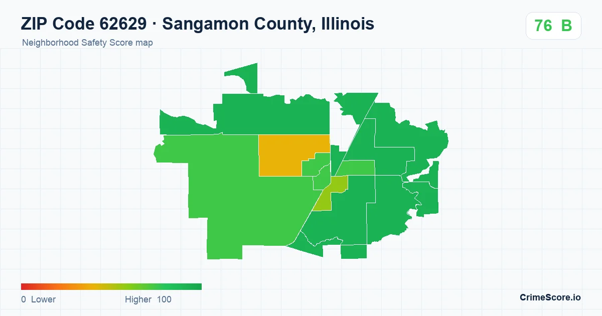 ZIP Code 62629 in Sangamon County, Illinois neighborhood Safety Score map