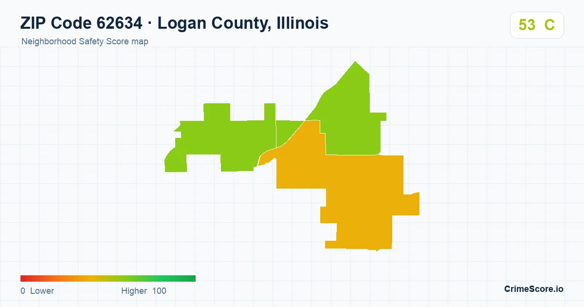 ZIP Code 62634 in Logan County, Illinois neighborhood Safety Score map
