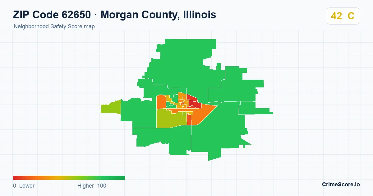 ZIP Code 62650 in Morgan County, Illinois neighborhood Safety Score map