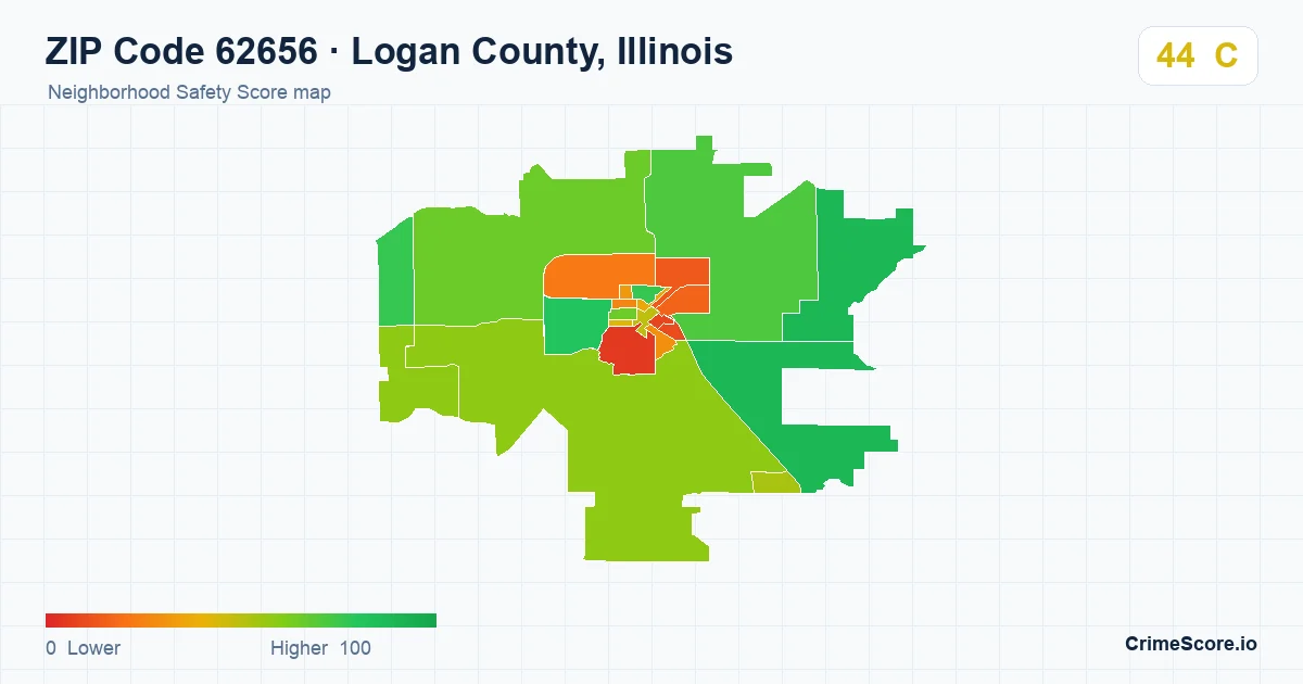 ZIP Code 62656 in Logan County, Illinois neighborhood Safety Score map