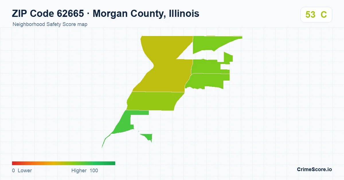 ZIP Code 62665 in Morgan County, Illinois neighborhood Safety Score map