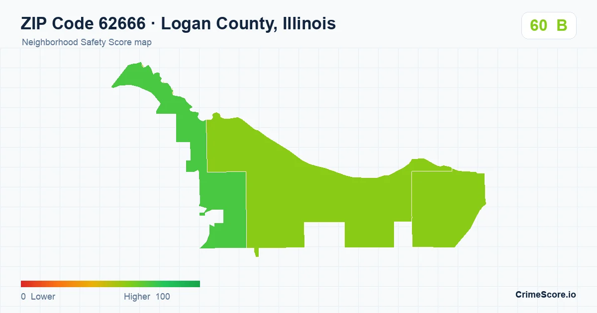 ZIP Code 62666 in Logan County, Illinois neighborhood Safety Score map