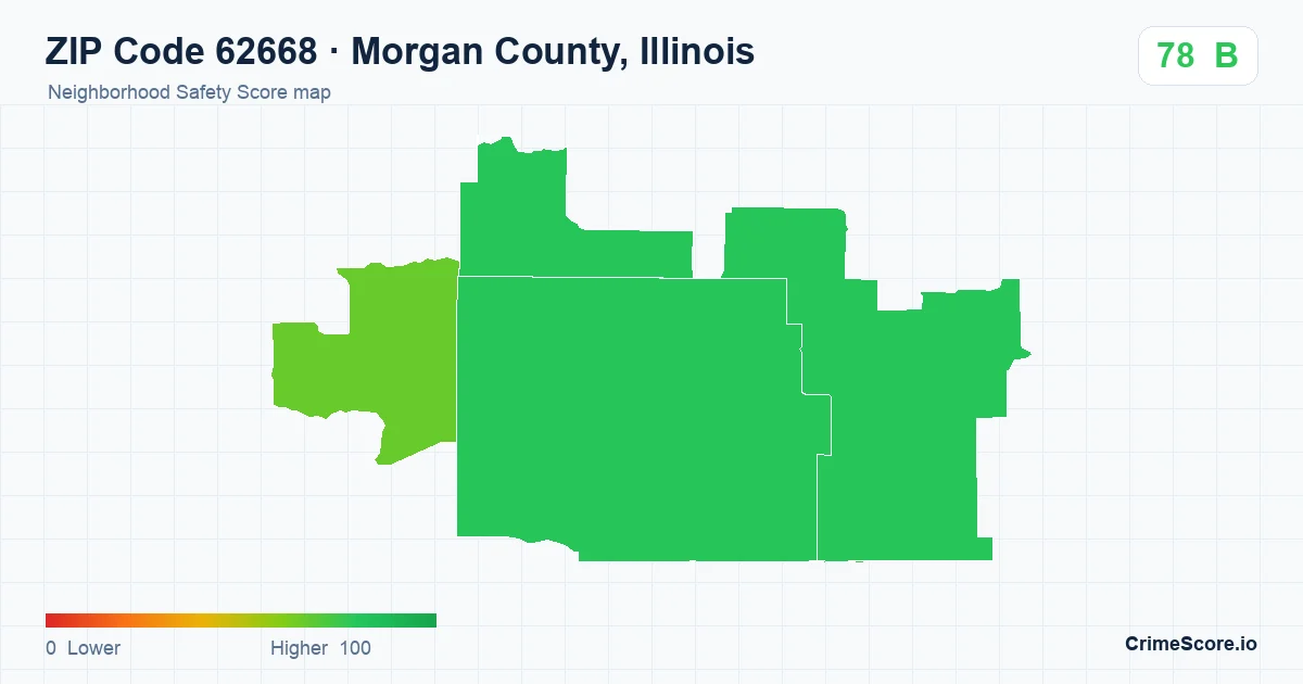 ZIP Code 62668 in Morgan County, Illinois neighborhood Safety Score map