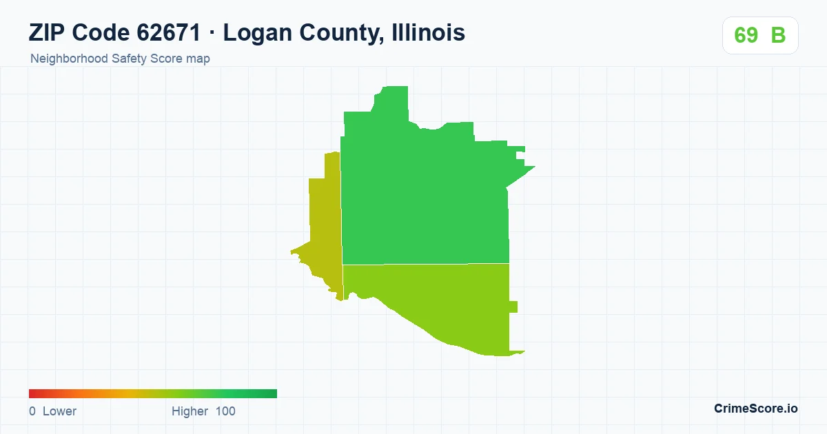 ZIP Code 62671 in Logan County, Illinois neighborhood Safety Score map
