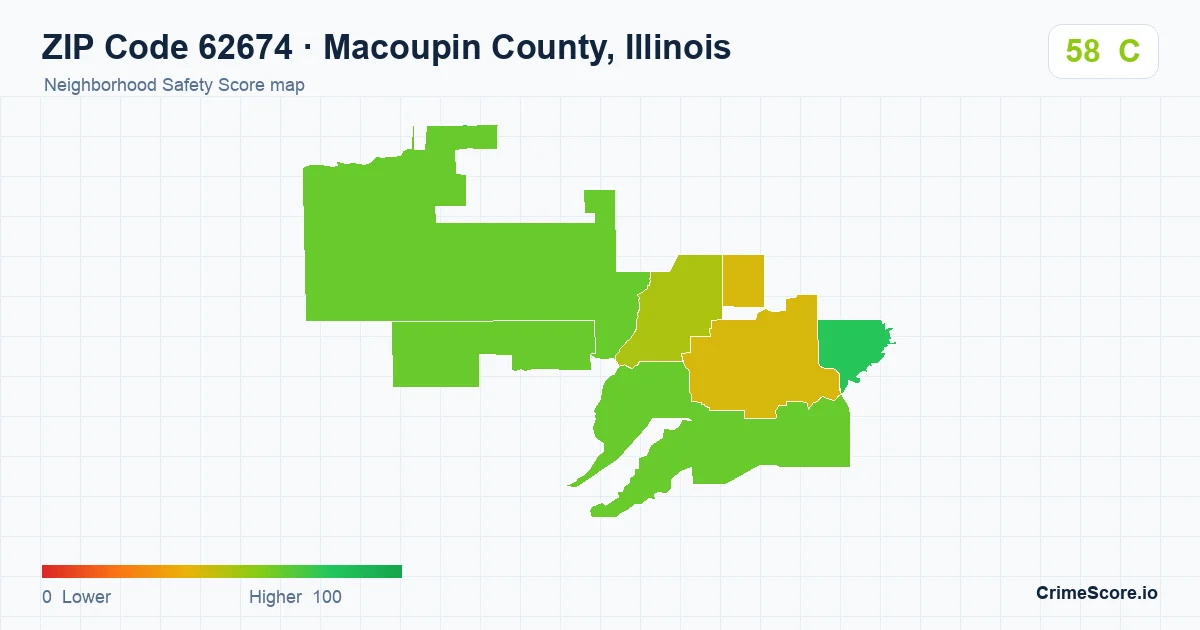 ZIP Code 62674 in Macoupin County, Illinois neighborhood Safety Score map