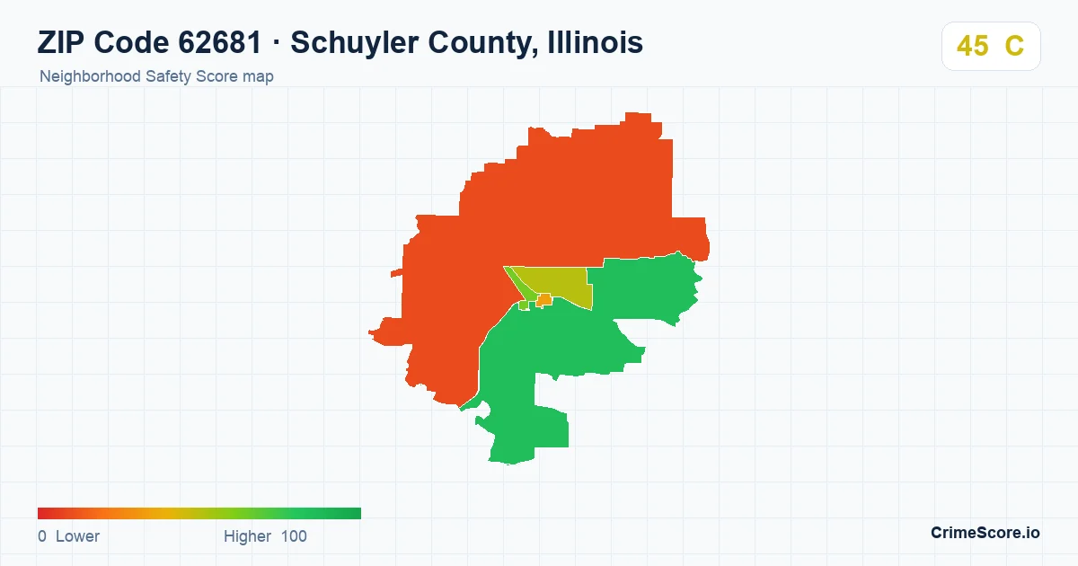 ZIP Code 62681 in Schuyler County, Illinois neighborhood Safety Score map