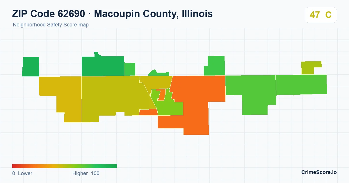 ZIP Code 62690 in Macoupin County, Illinois neighborhood Safety Score map
