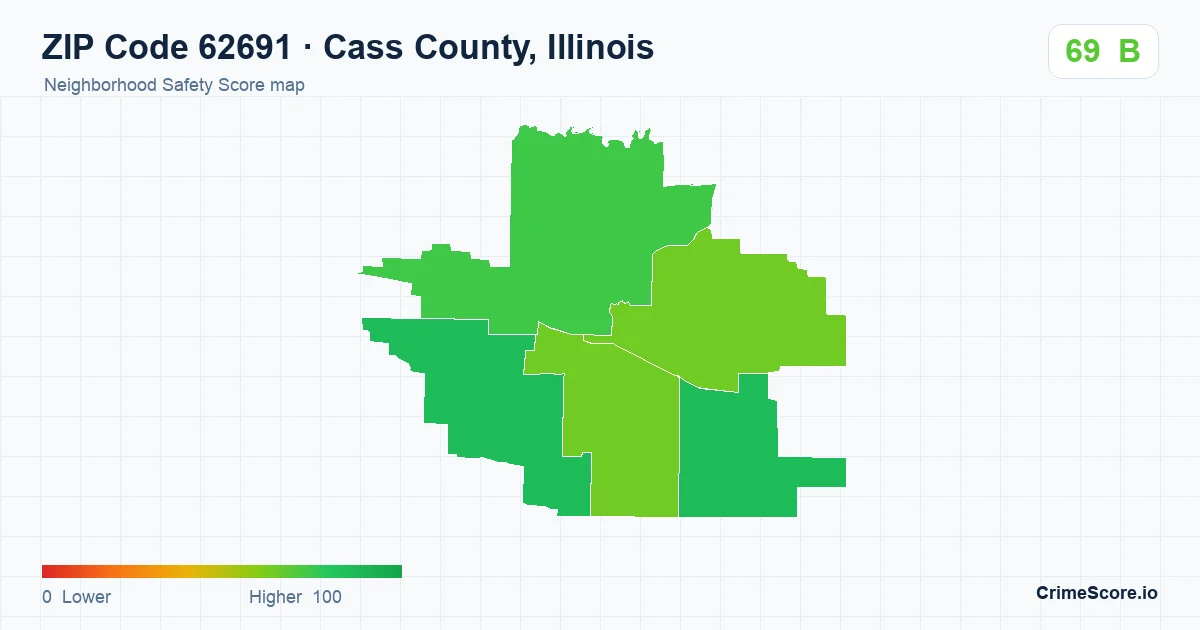 ZIP Code 62691 in Cass County, Illinois neighborhood Safety Score map