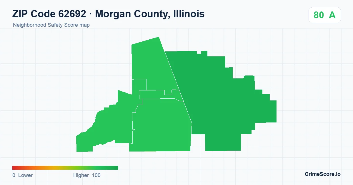 ZIP Code 62692 in Morgan County, Illinois neighborhood Safety Score map