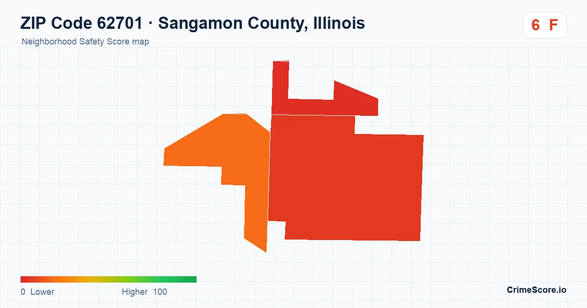 ZIP Code 62701 in Sangamon County, Illinois neighborhood Safety Score map