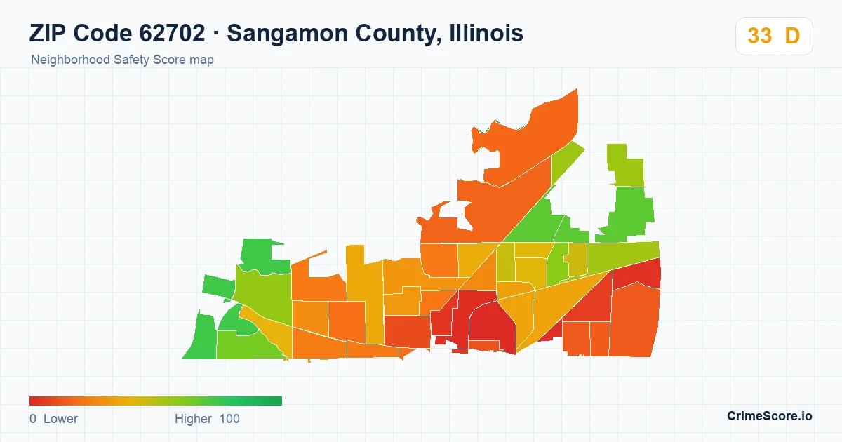 ZIP Code 62702 in Sangamon County, Illinois neighborhood Safety Score map
