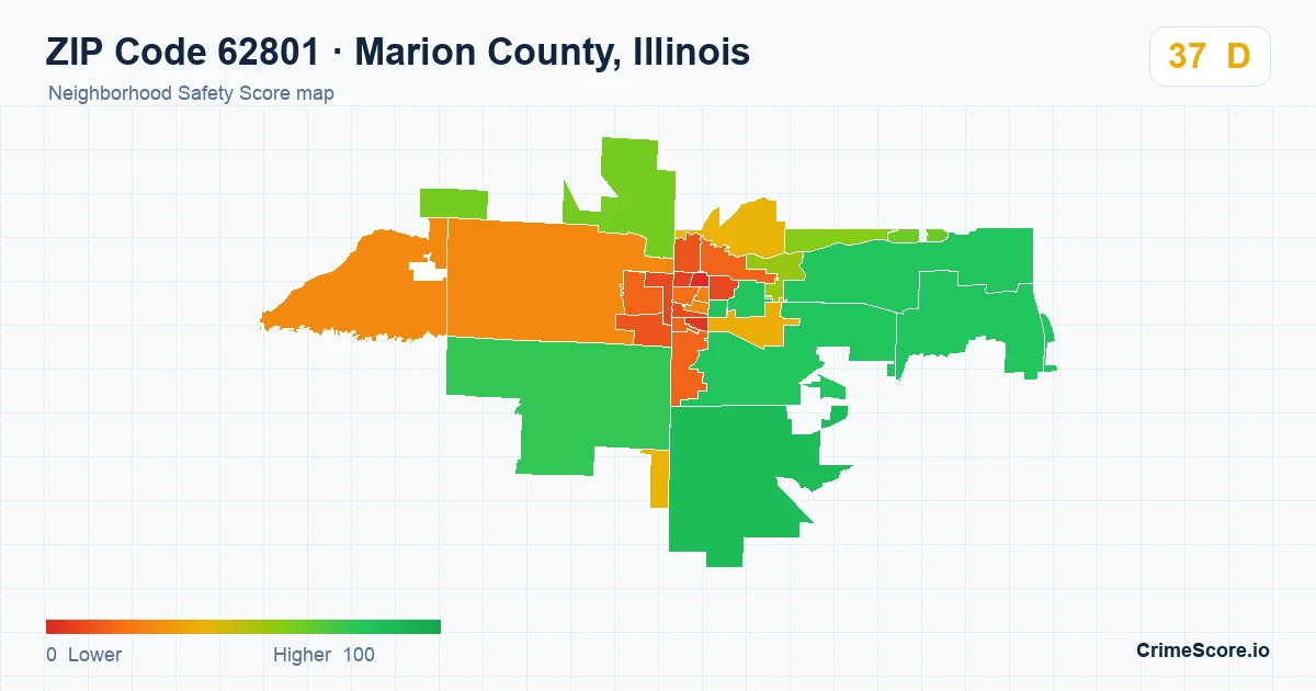 ZIP Code 62801 in Marion County, Illinois neighborhood Safety Score map