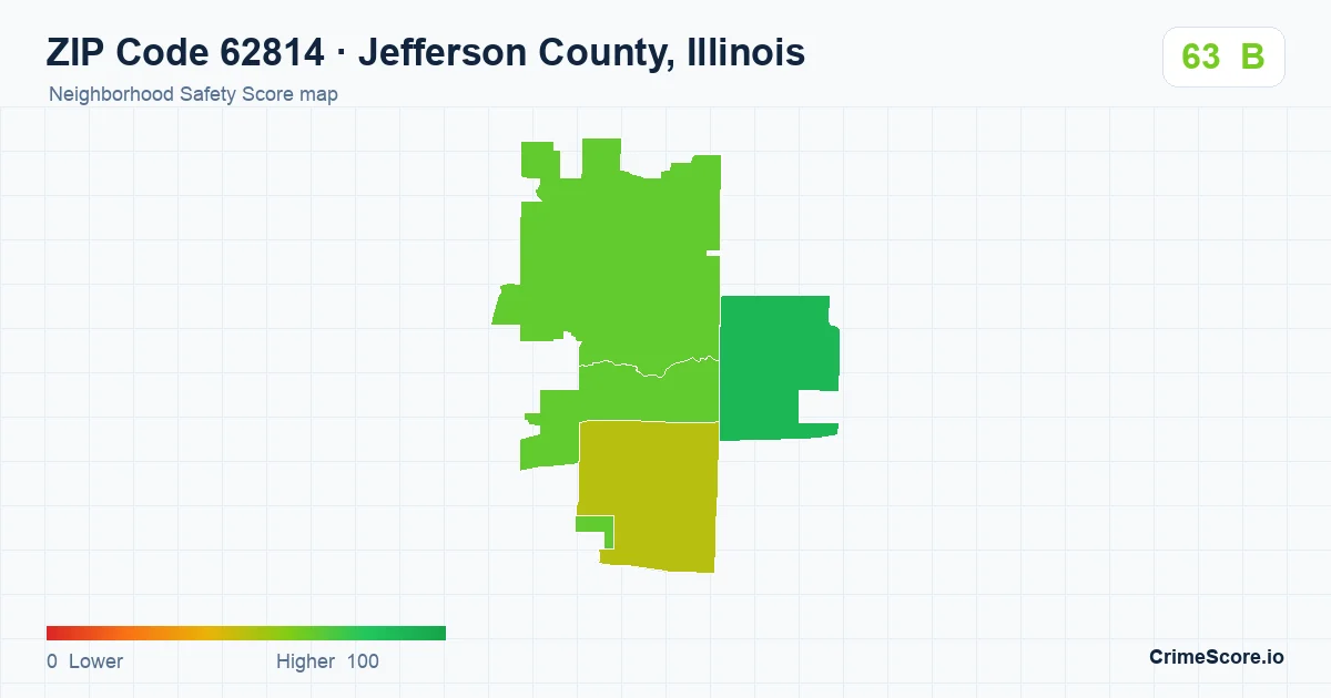 ZIP Code 62814 in Jefferson County, Illinois neighborhood Safety Score map