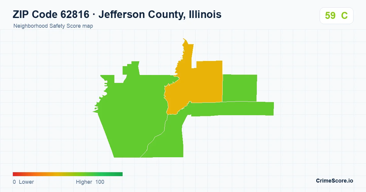 ZIP Code 62816 in Jefferson County, Illinois neighborhood Safety Score map