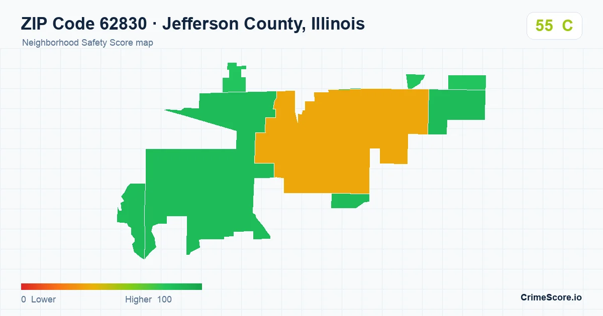 ZIP Code 62830 in Jefferson County, Illinois neighborhood Safety Score map