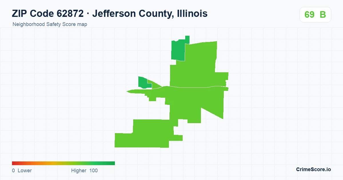 ZIP Code 62872 in Jefferson County, Illinois neighborhood Safety Score map