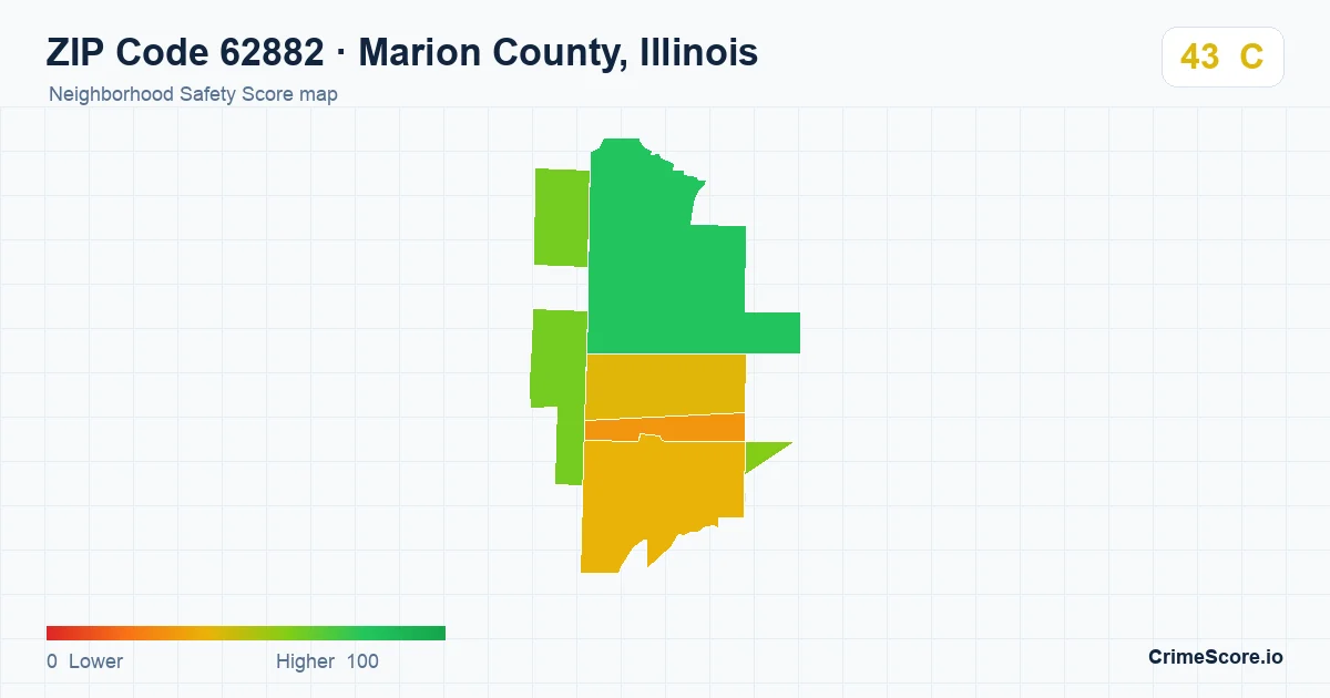 ZIP Code 62882 in Marion County, Illinois neighborhood Safety Score map