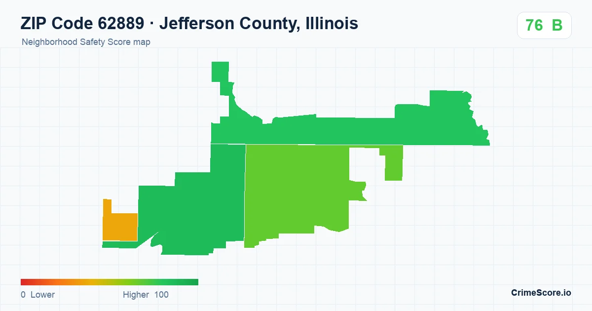 ZIP Code 62889 in Jefferson County, Illinois neighborhood Safety Score map