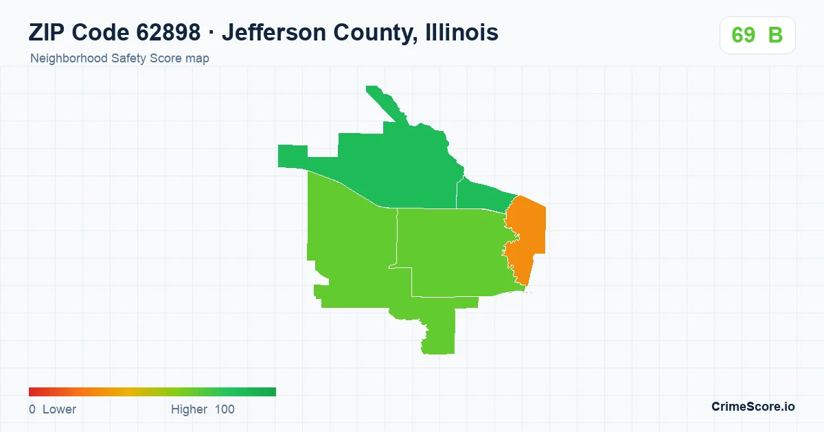 ZIP Code 62898 in Jefferson County, Illinois neighborhood Safety Score map