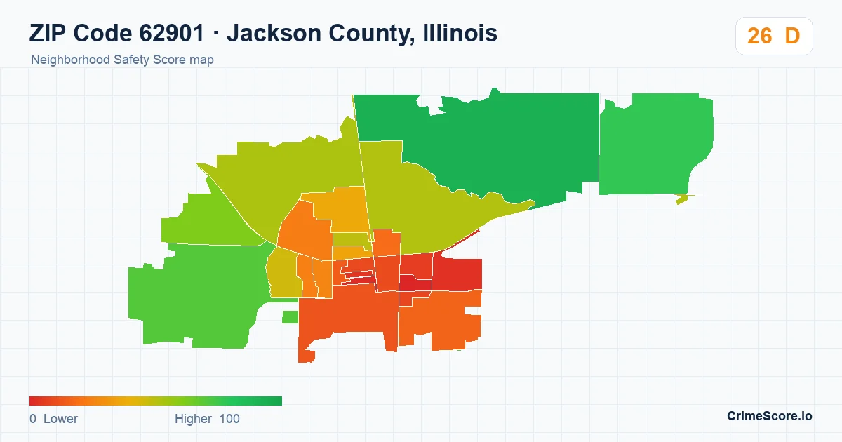 ZIP Code 62901 in Jackson County, Illinois neighborhood Safety Score map