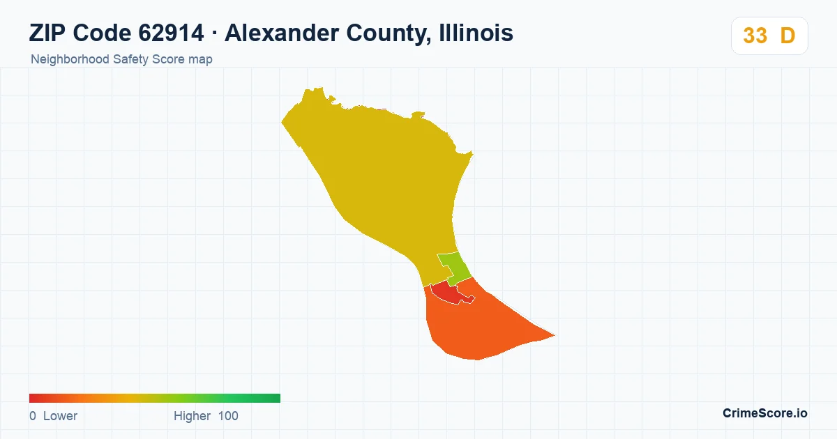 ZIP Code 62914 in Alexander County, Illinois neighborhood Safety Score map