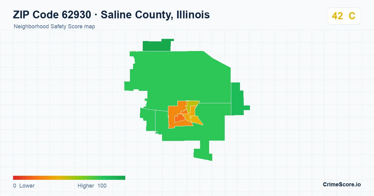 ZIP Code 62930 in Saline County, Illinois neighborhood Safety Score map