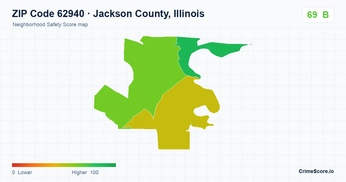 ZIP Code 62940 in Jackson County, Illinois neighborhood Safety Score map