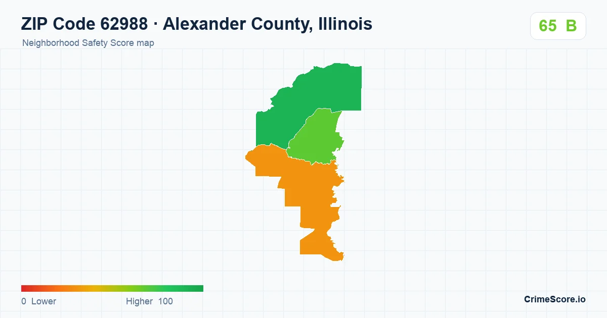 ZIP Code 62988 in Alexander County, Illinois neighborhood Safety Score map
