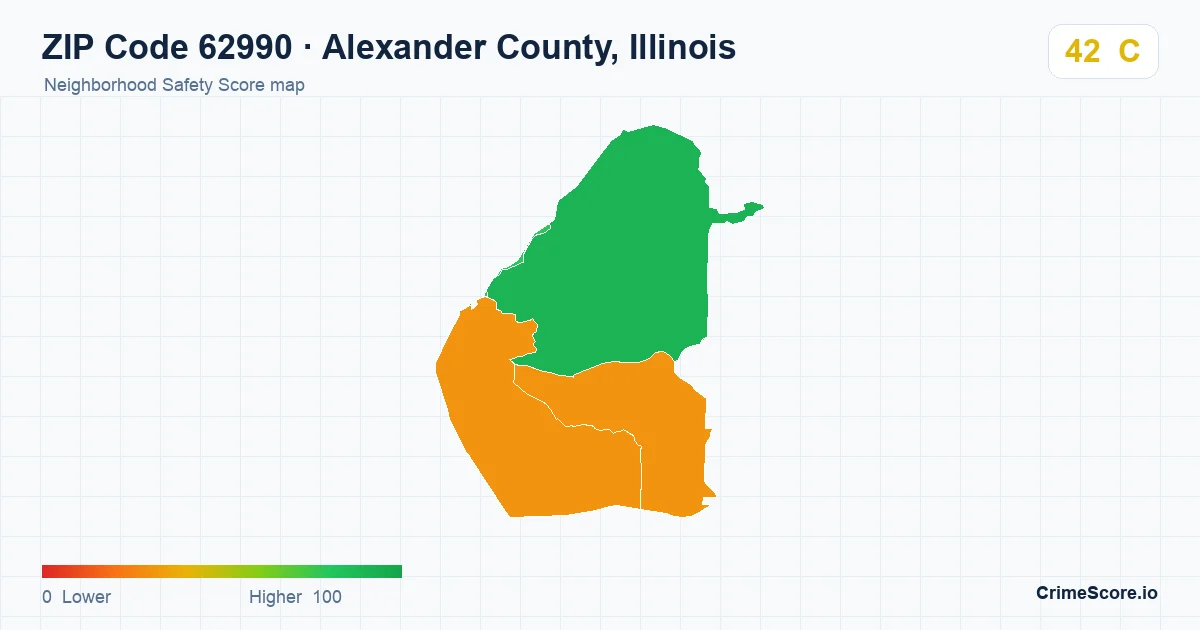 ZIP Code 62990 in Alexander County, Illinois neighborhood Safety Score map