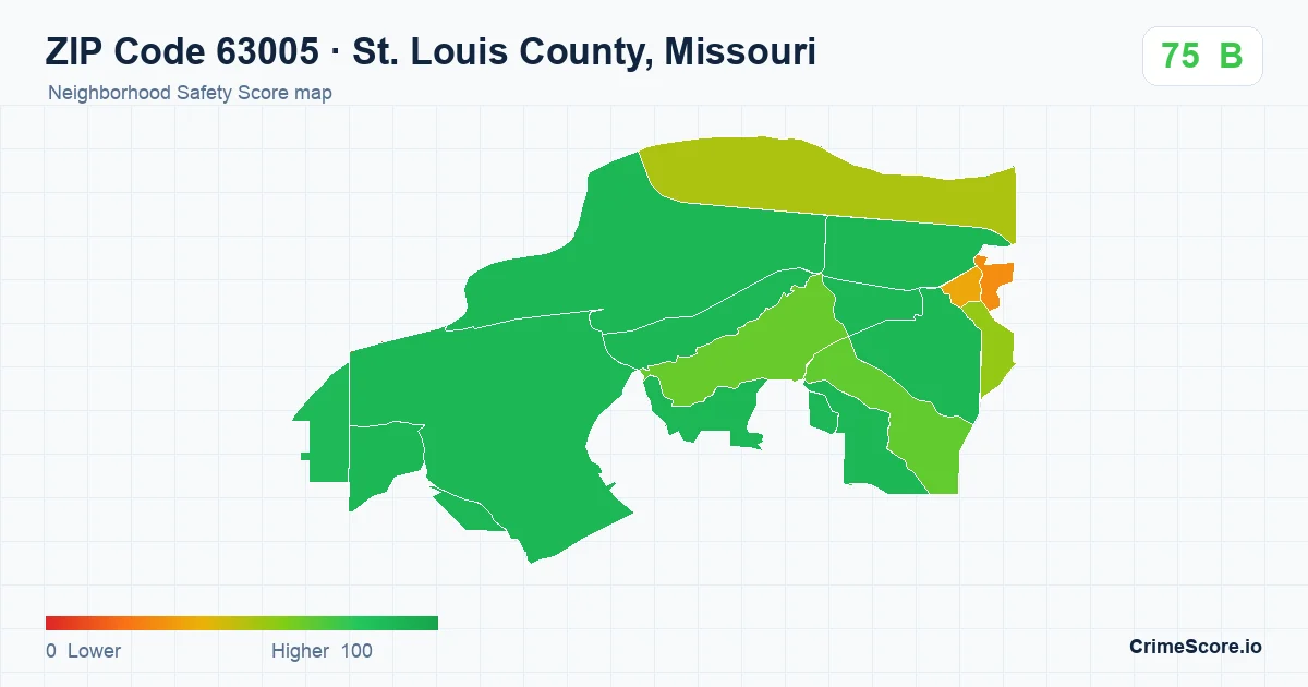 ZIP Code 63005 in St. Louis County, Missouri neighborhood Safety Score map