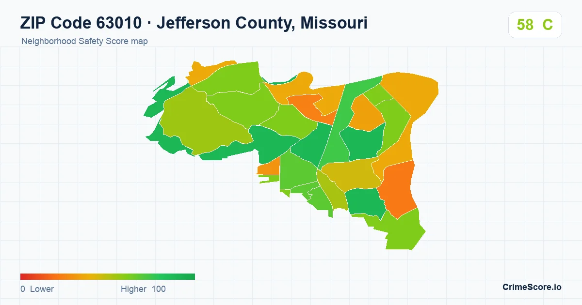 ZIP Code 63010 in Jefferson County, Missouri neighborhood Safety Score map