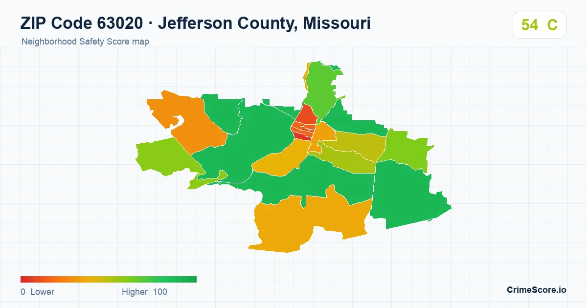 ZIP Code 63020 in Jefferson County, Missouri neighborhood Safety Score map