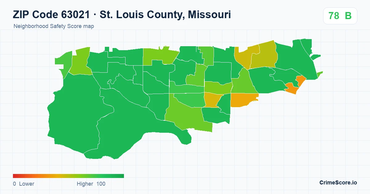 ZIP Code 63021 in St. Louis County, Missouri neighborhood Safety Score map