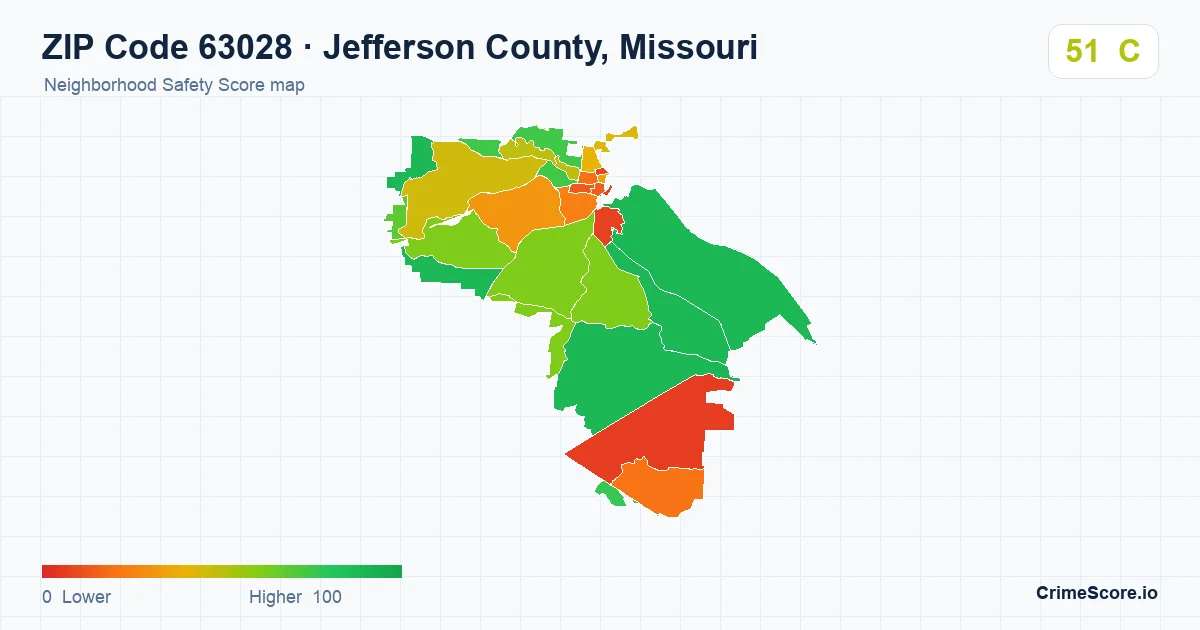 ZIP Code 63028 in Jefferson County, Missouri neighborhood Safety Score map