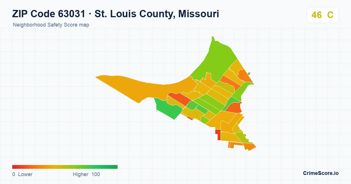 ZIP Code 63031 in St. Louis County, Missouri neighborhood Safety Score map